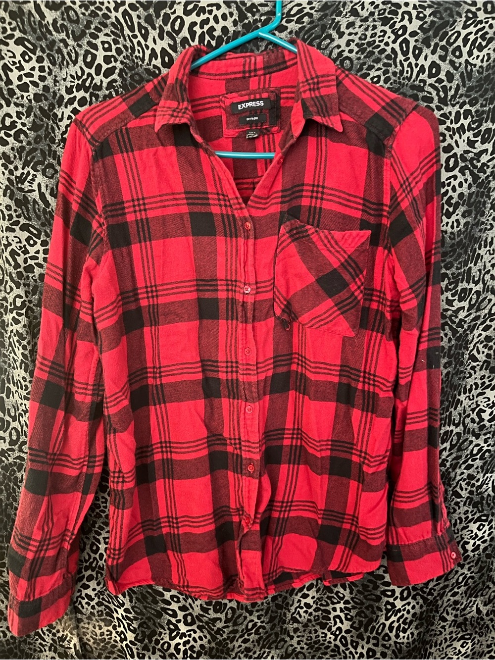 Express Red and Black Plaid Button Down Shirt
